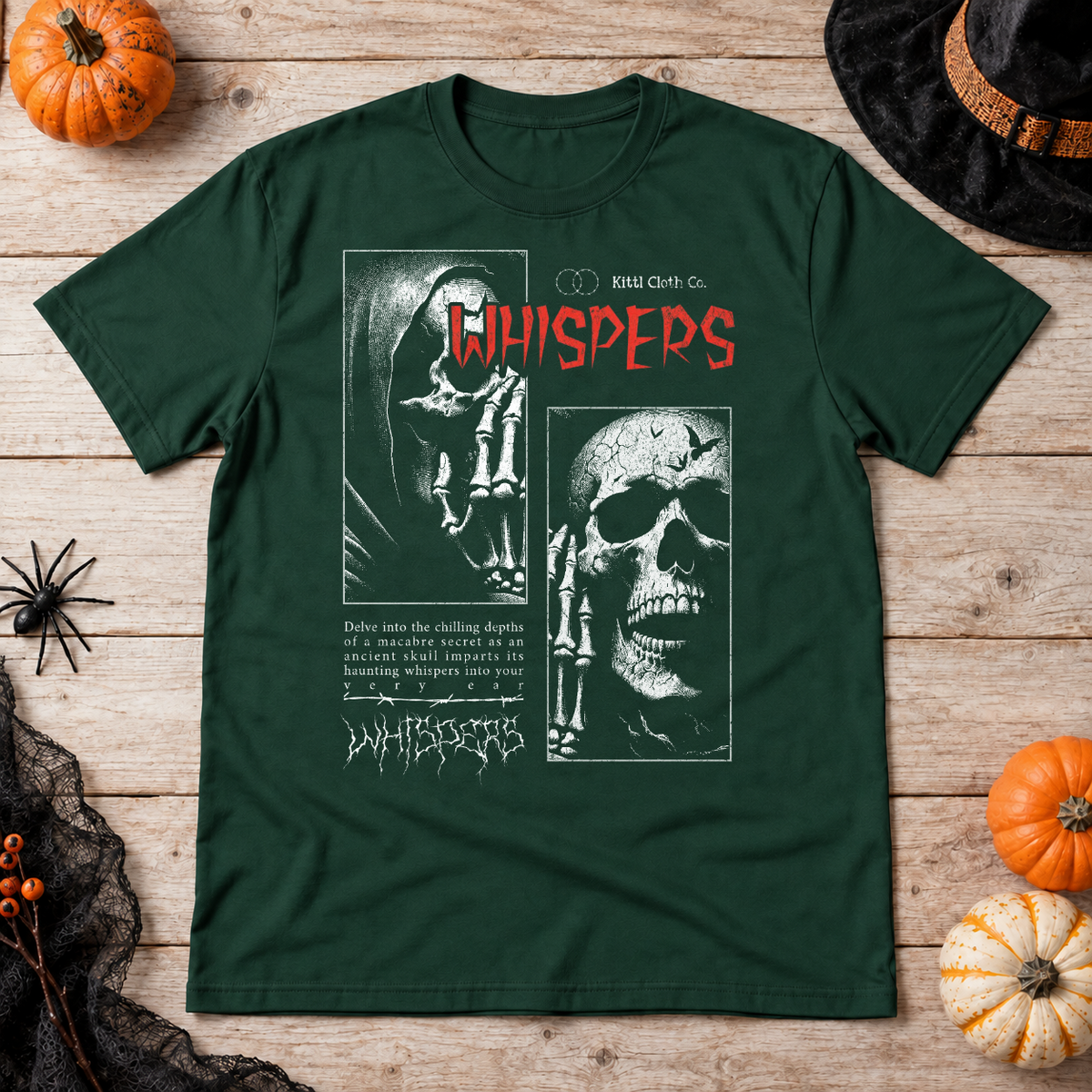 Whispers T-Shirt – Classic Halloween Graphic Design Graphic Tee - Color: forest green