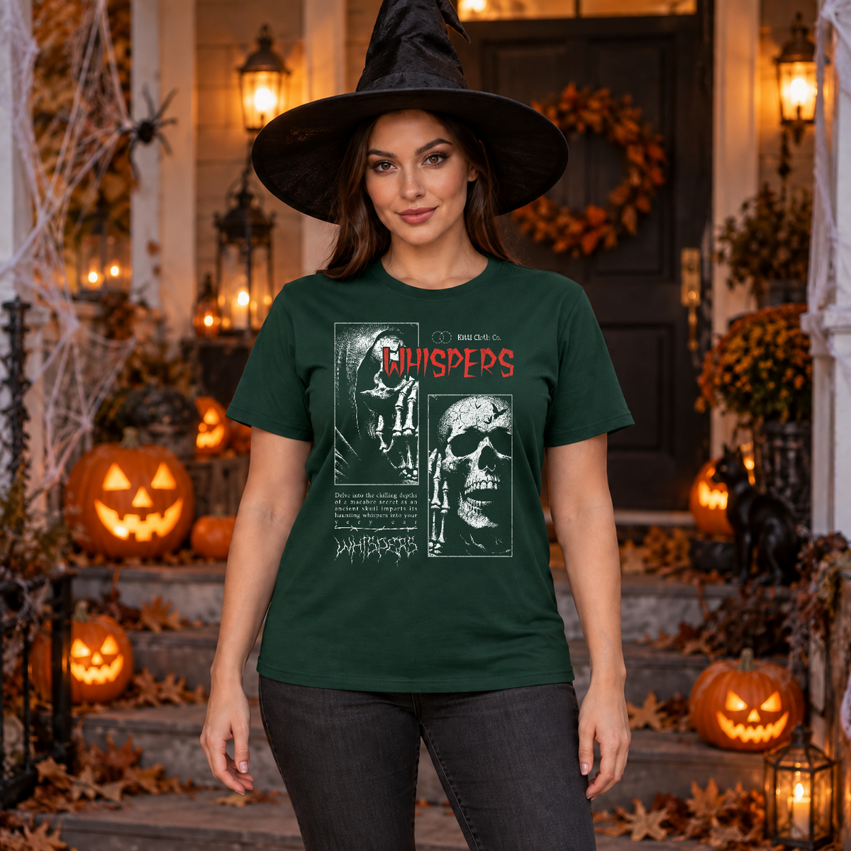 Whispers T-Shirt – Classic Halloween Graphic Design Graphic Tee - Color: forest green