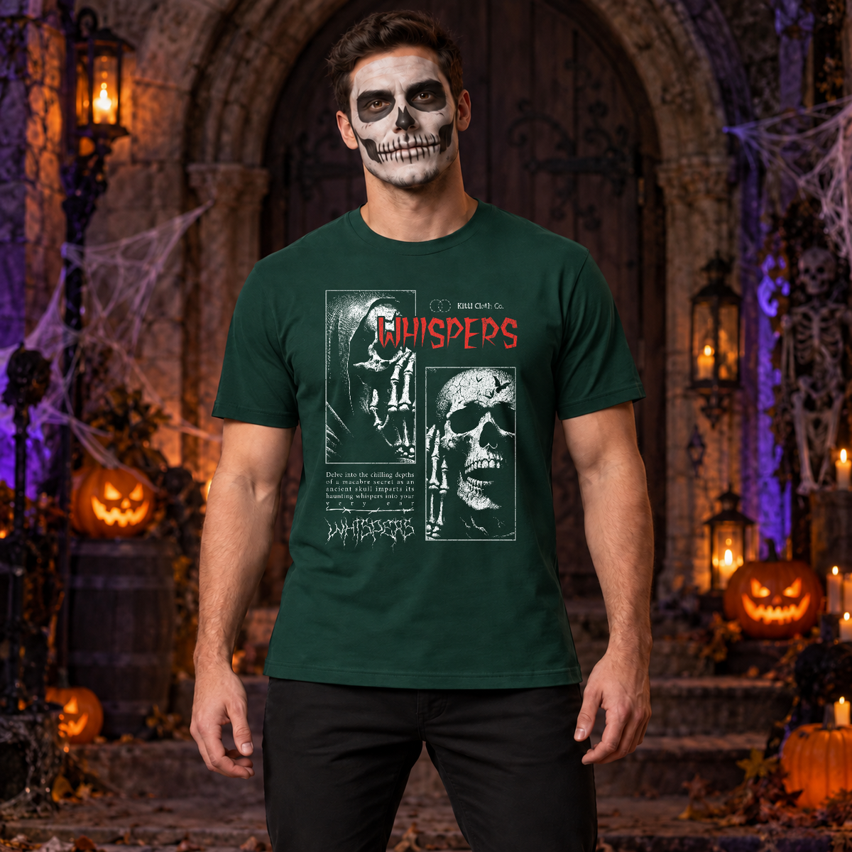 Whispers T-Shirt – Classic Halloween Graphic Design Graphic Tee - Color: forest green