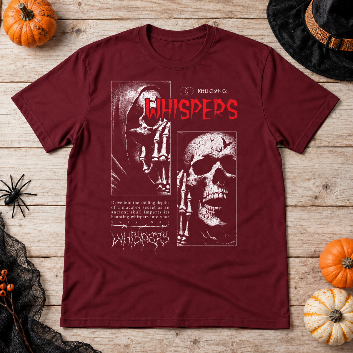 Whispers T-Shirt – Classic Halloween Graphic Design Graphic Tee - Color: maroon