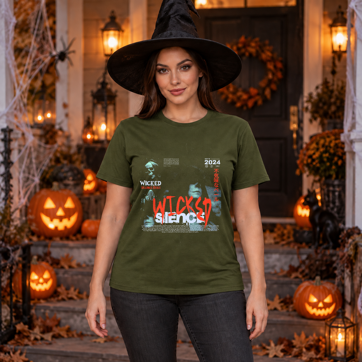 Wicked Silence T-Shirt – Skull & Reaper Gothic Graphic Graphic Tee - Color: military green