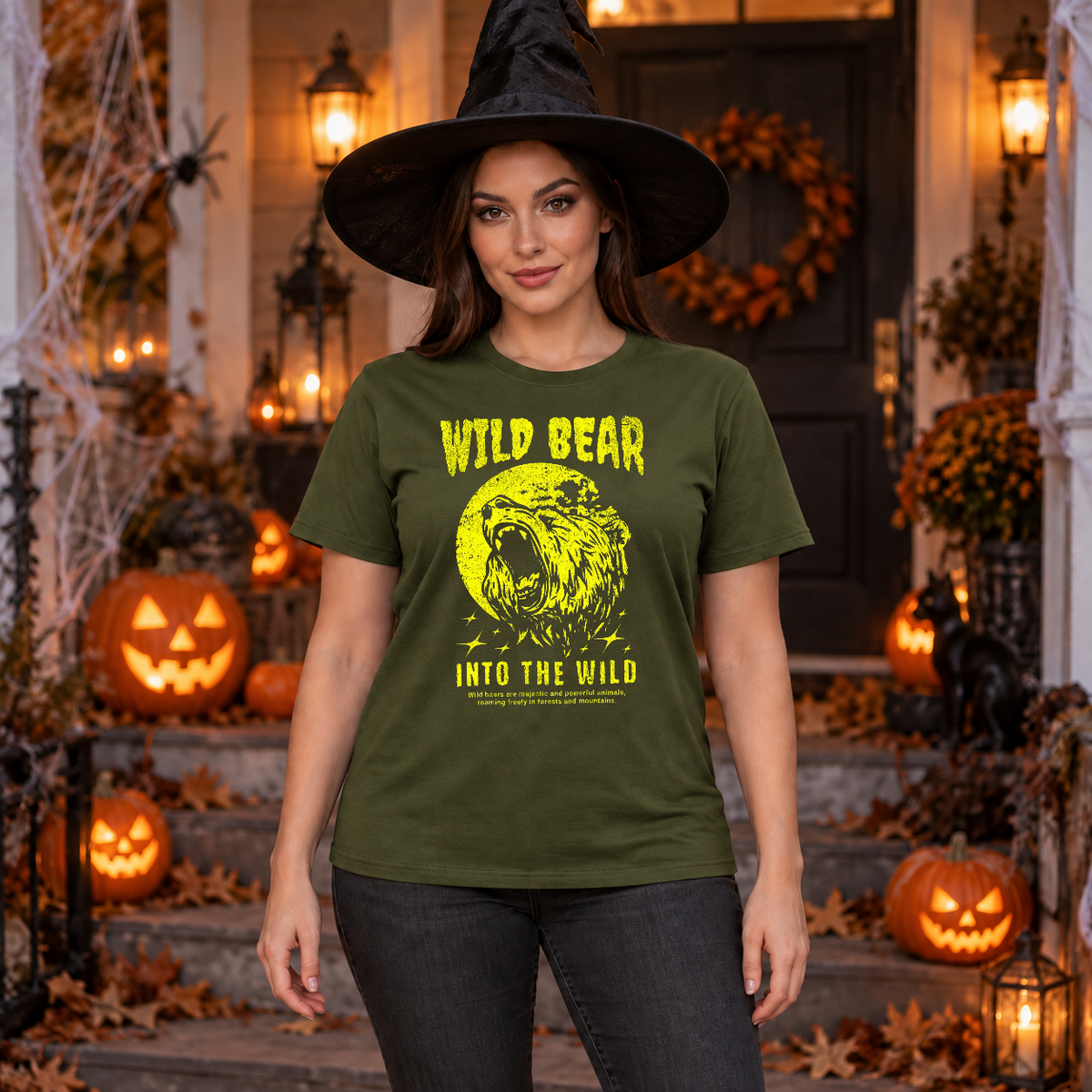 Wild Bear Into the WIld T-Shirt – Animal Streetwear Graphic Graphic Tee - Color: military green
