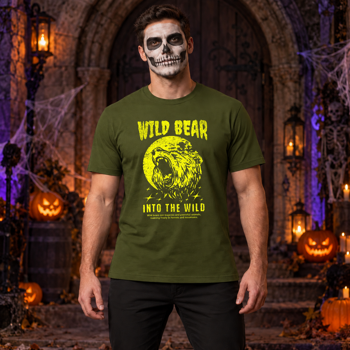 Wild Bear Into the WIld T-Shirt – Animal Streetwear Graphic Graphic Tee - Color: military green