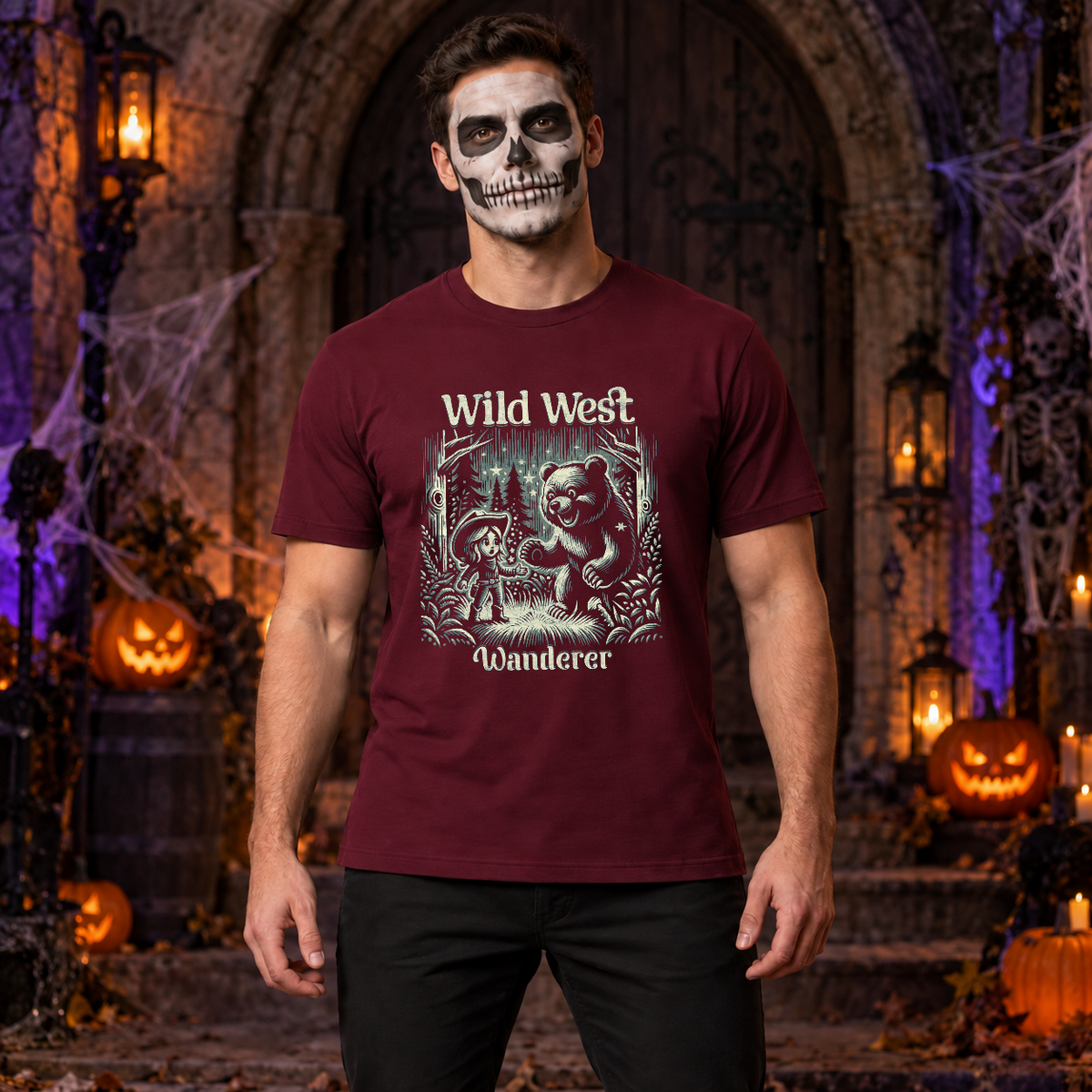 Wild West Wanderer T-Shirt – Dark Streetwear Graphic Design Graphic Tee - Color: maroon
