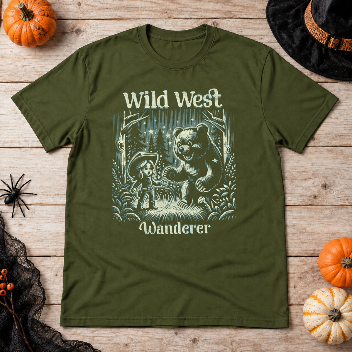Wild West Wanderer T-Shirt – Dark Streetwear Graphic Design Graphic Tee - Color: military green