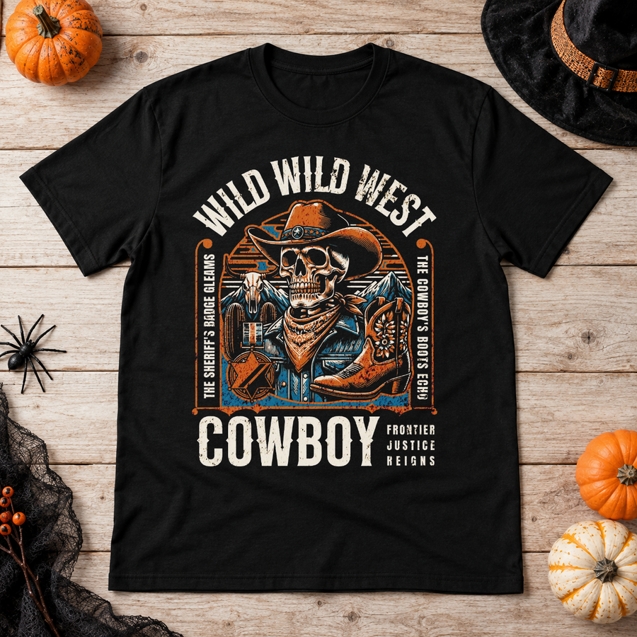 Wild Wild West Cowboy Frontier Justice Reigns T-Shirt – Dark Streetwear Graphic Design Graphic Tee - Color: black