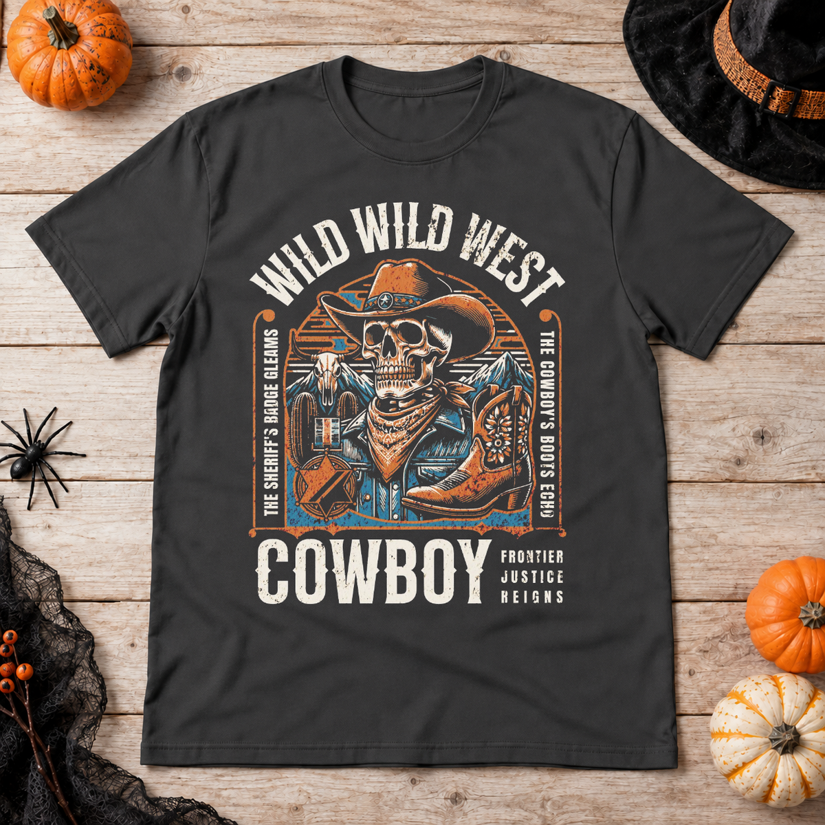 Wild Wild West Cowboy Frontier Justice Reigns T-Shirt – Dark Streetwear Graphic Design Graphic Tee - Color: charcoal