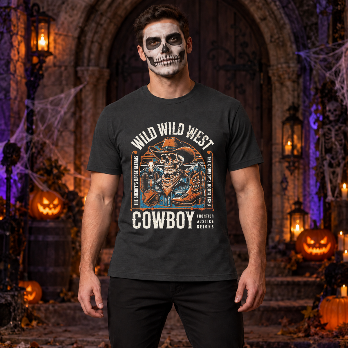 Wild Wild West Cowboy Frontier Justice Reigns T-Shirt – Dark Streetwear Graphic Design Graphic Tee - Color: charcoal