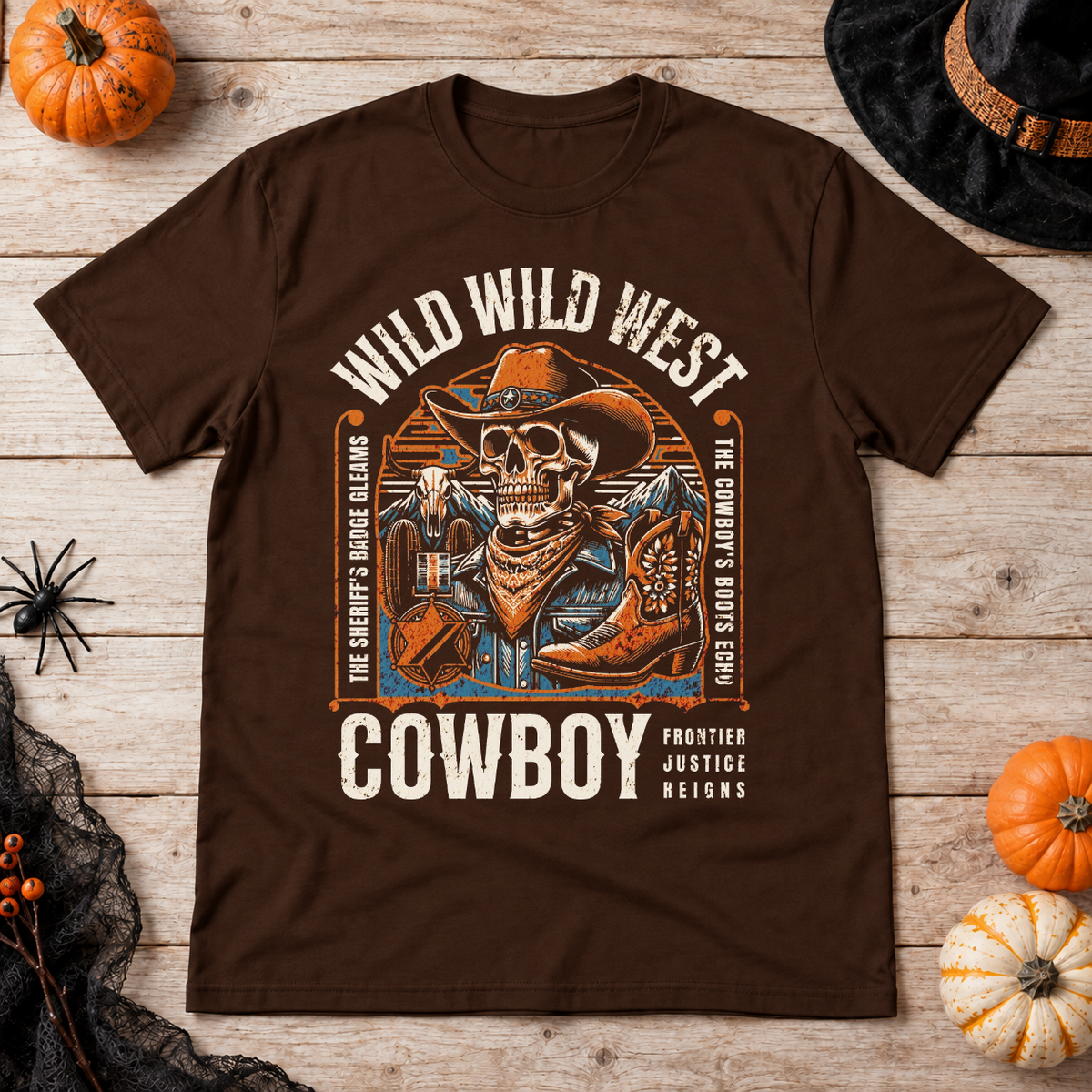 Wild Wild West Cowboy Frontier Justice Reigns T-Shirt – Dark Streetwear Graphic Design Graphic Tee - Color: chocolate