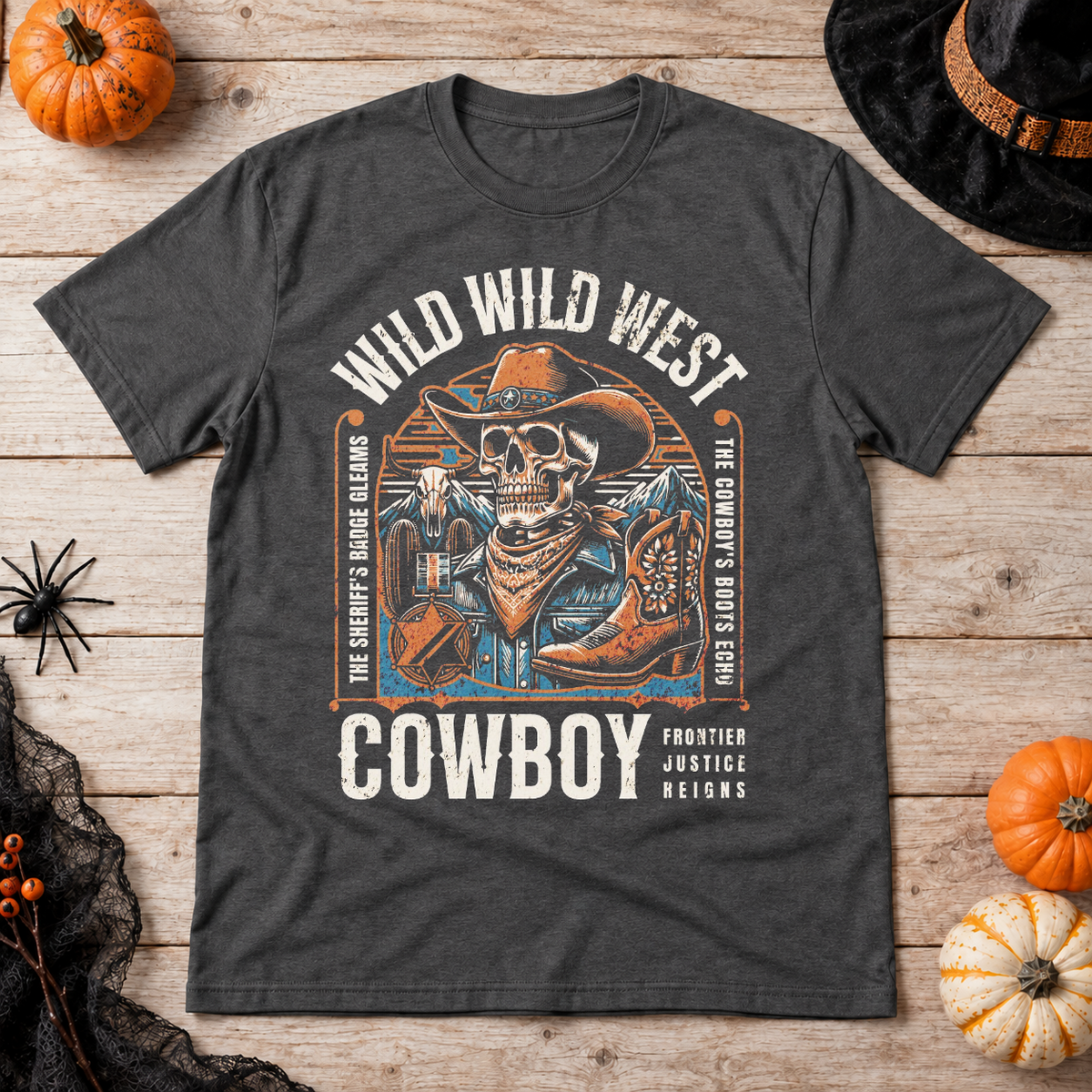 Wild Wild West Cowboy Frontier Justice Reigns T-Shirt – Dark Streetwear Graphic Design Graphic Tee - Color: dark heather