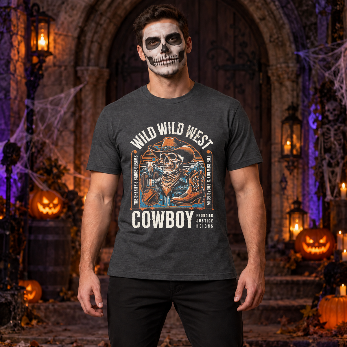 Wild Wild West Cowboy Frontier Justice Reigns T-Shirt – Dark Streetwear Graphic Design Graphic Tee - Color: dark heather