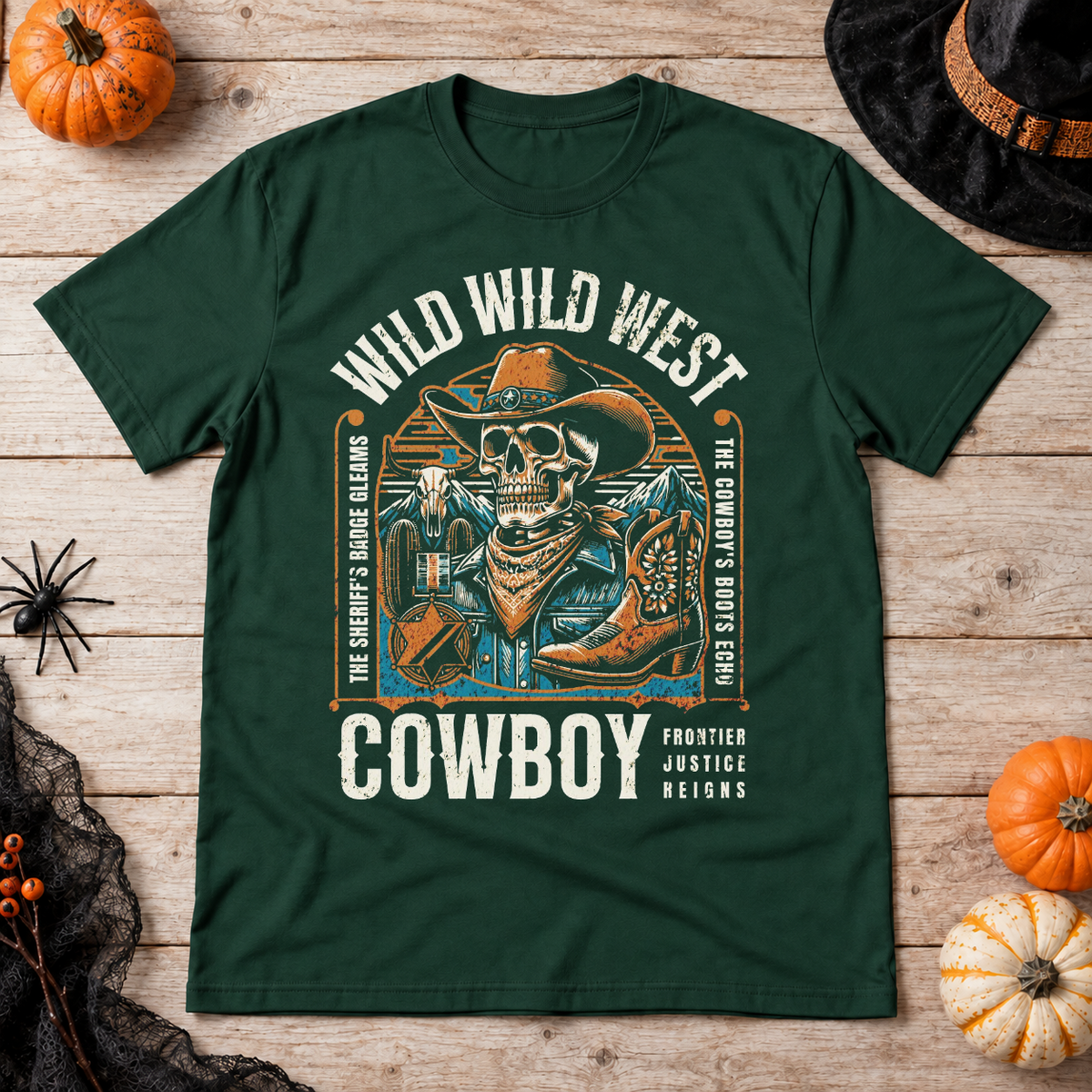 Wild Wild West Cowboy Frontier Justice Reigns T-Shirt – Dark Streetwear Graphic Design Graphic Tee - Color: forest green