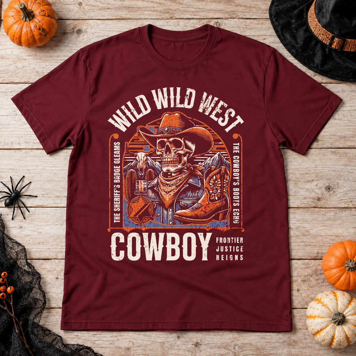 Wild Wild West Cowboy Frontier Justice Reigns T-Shirt – Dark Streetwear Graphic Design Graphic Tee - Color: maroon