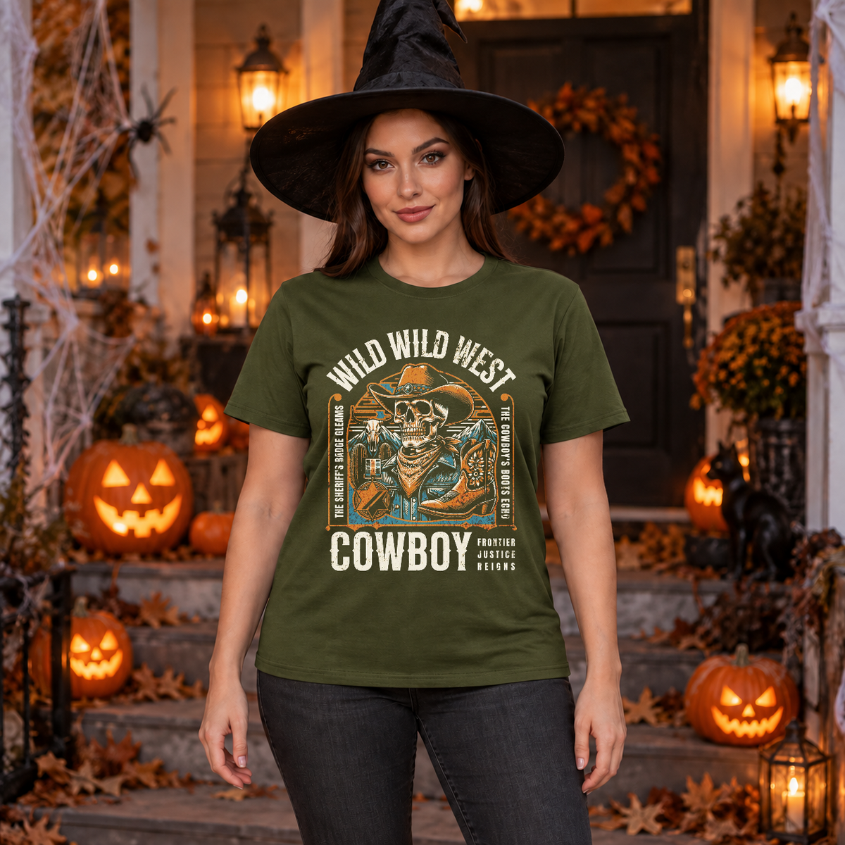 Wild Wild West Cowboy Frontier Justice Reigns T-Shirt – Dark Streetwear Graphic Design Graphic Tee - Color: military green