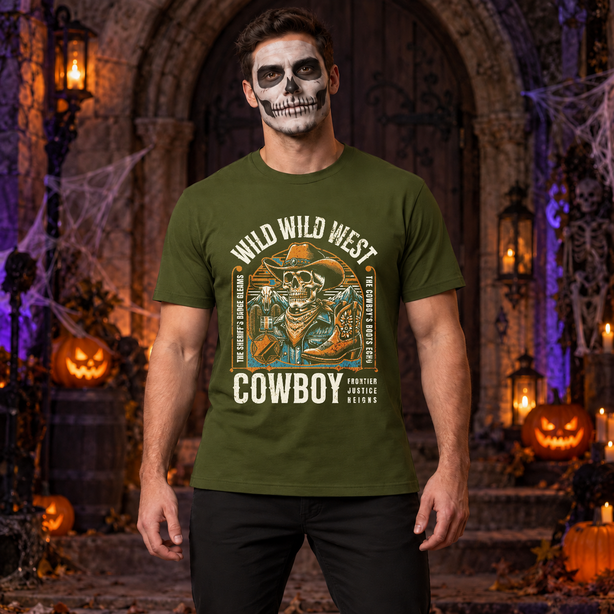 Wild Wild West Cowboy Frontier Justice Reigns T-Shirt – Dark Streetwear Graphic Design Graphic Tee - Color: military green