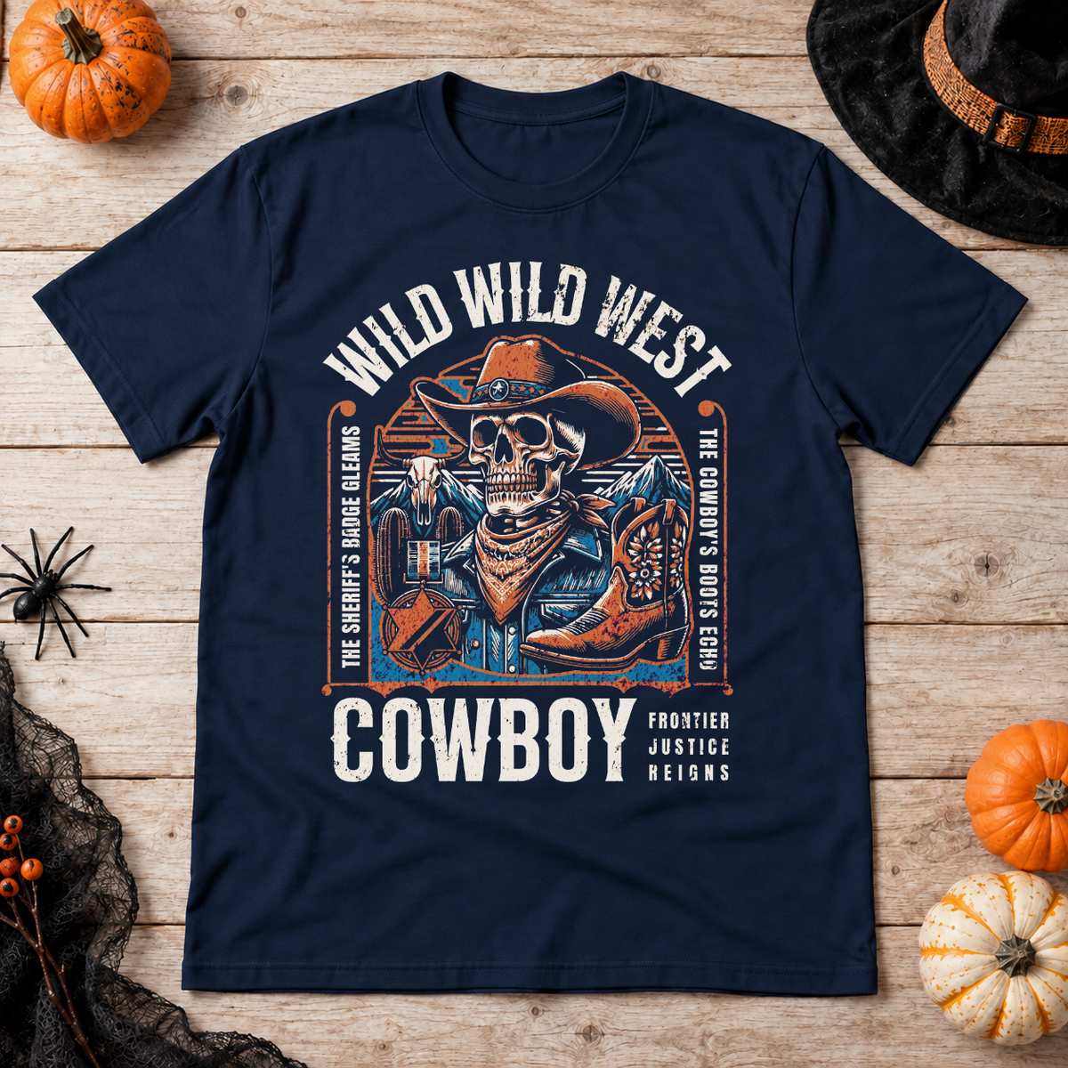 Wild Wild West Cowboy Frontier Justice Reigns T-Shirt – Dark Streetwear Graphic Design Graphic Tee - Color: navy