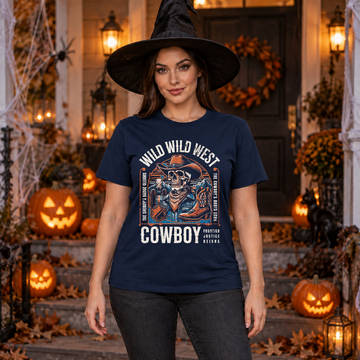 Wild Wild West Cowboy Frontier Justice Reigns T-Shirt – Dark Streetwear Graphic Design Graphic Tee - Color: navy