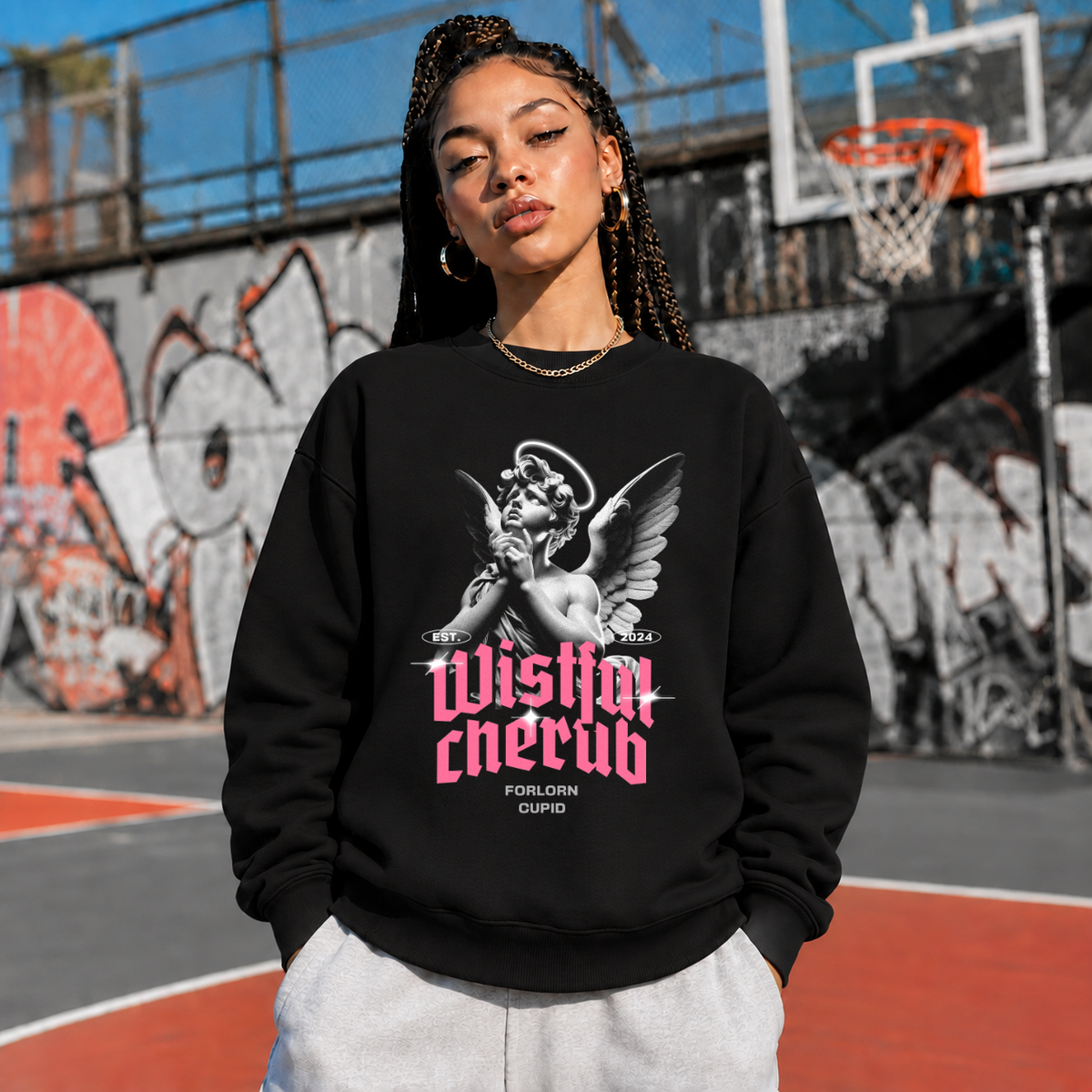Wistful Cherub Halo Sweatshirt – Religious Imagery Collage Graphic Sweatshirt - Color: black