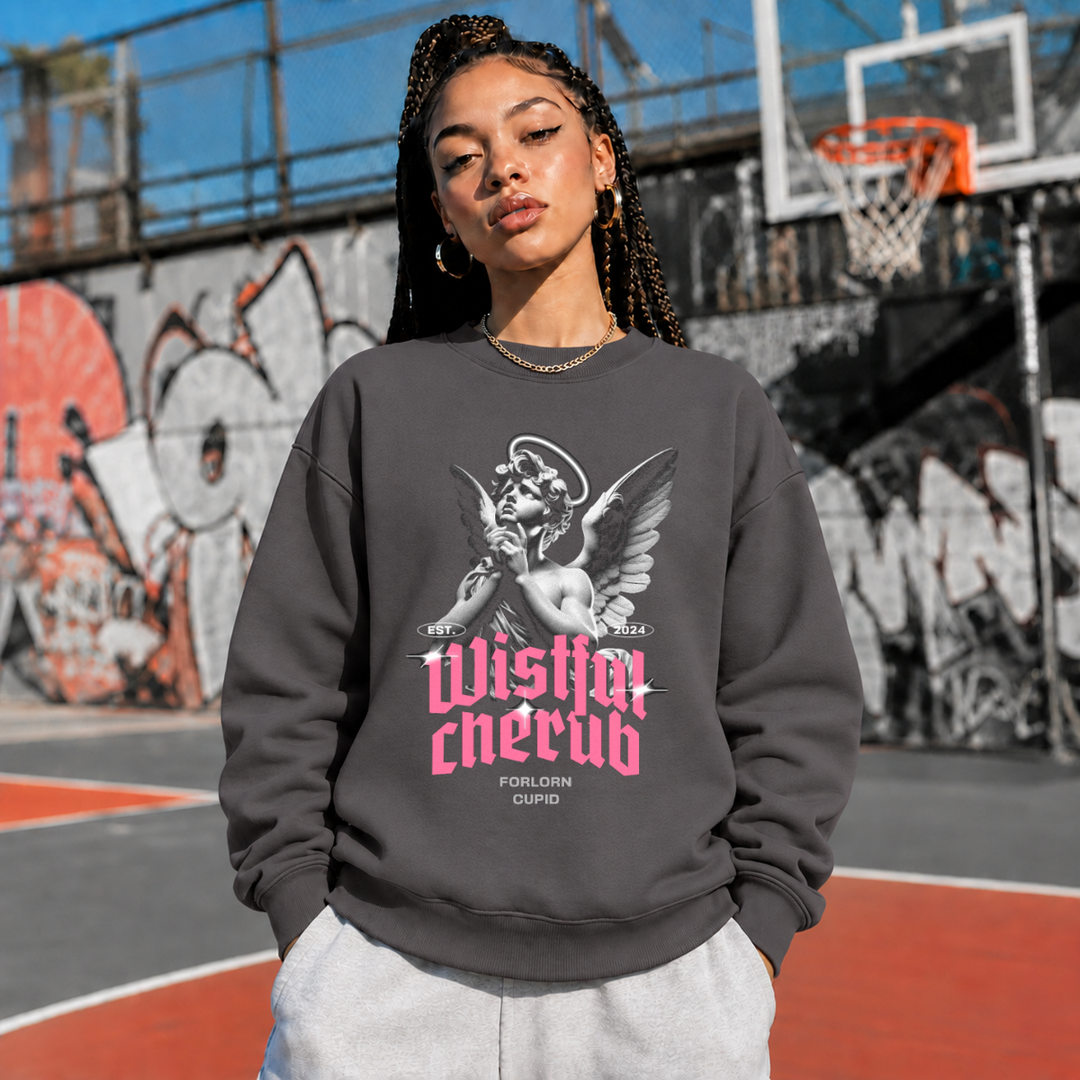 Wistful Cherub Halo Sweatshirt – Religious Imagery Collage Graphic Sweatshirt - Color: charcoal