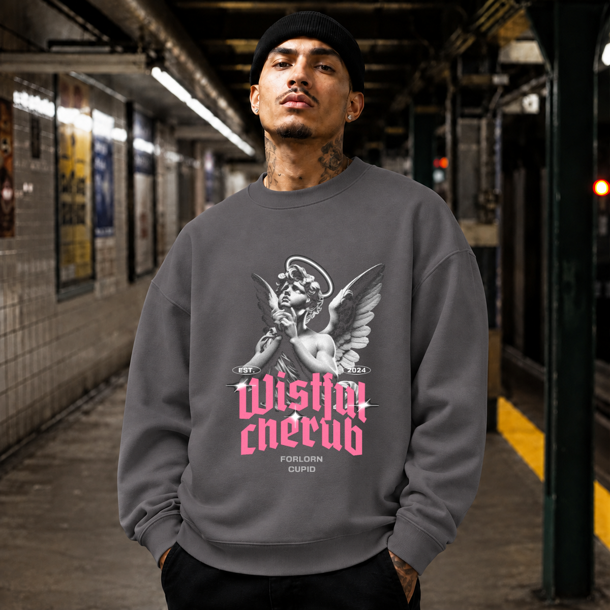 Wistful Cherub Halo Sweatshirt – Religious Imagery Collage Graphic Sweatshirt - Color: charcoal