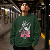 Wistful Cherub Halo Sweatshirt – Religious Imagery Collage Graphic Sweatshirt - Color: forest green