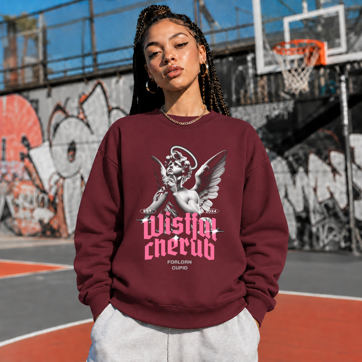 Wistful Cherub Halo Sweatshirt – Religious Imagery Collage Graphic Sweatshirt - Color: maroon