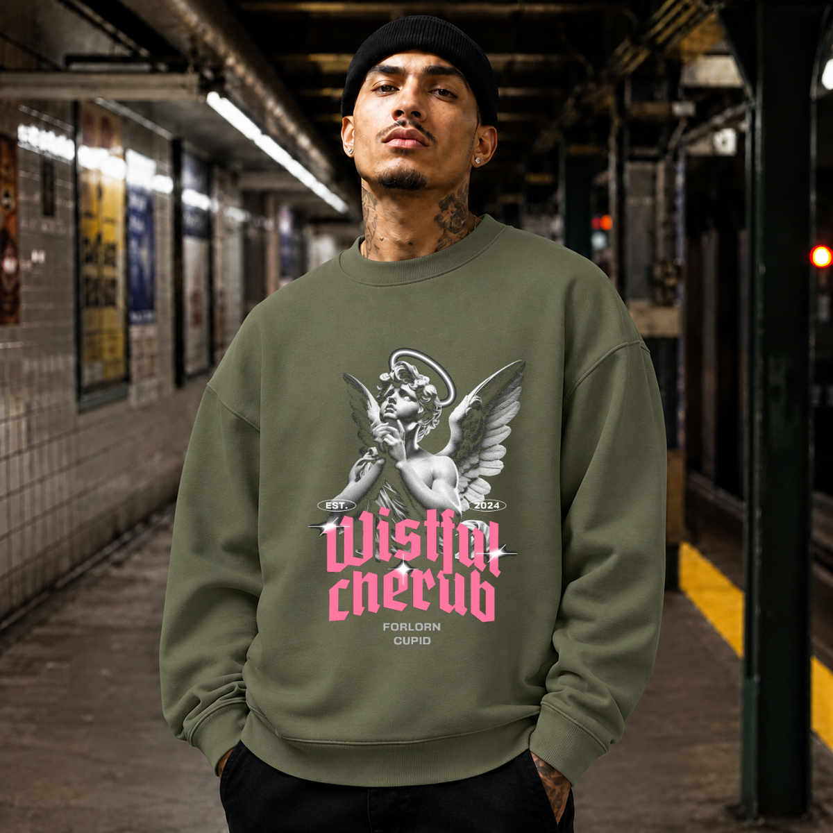 Wistful Cherub Halo Sweatshirt – Religious Imagery Collage Graphic Sweatshirt - Color: military green