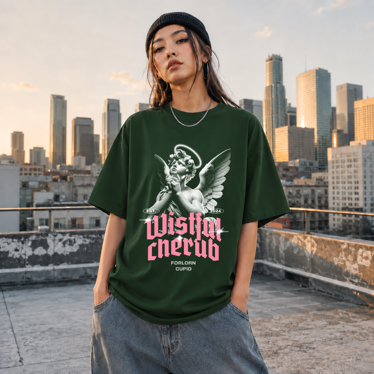 Wistful Cherub Halo T-Shirt – Religious Imagery Collage Graphic Tee - Color: Forest Green