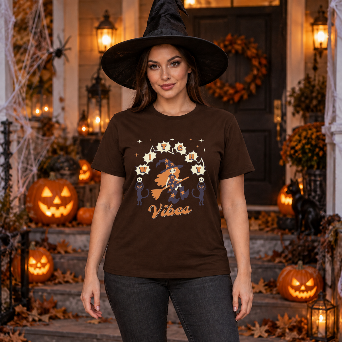 Witchy Vibes T-Shirt – Dark Gothic Halloween Graphic Graphic Tee - Color: chocolate