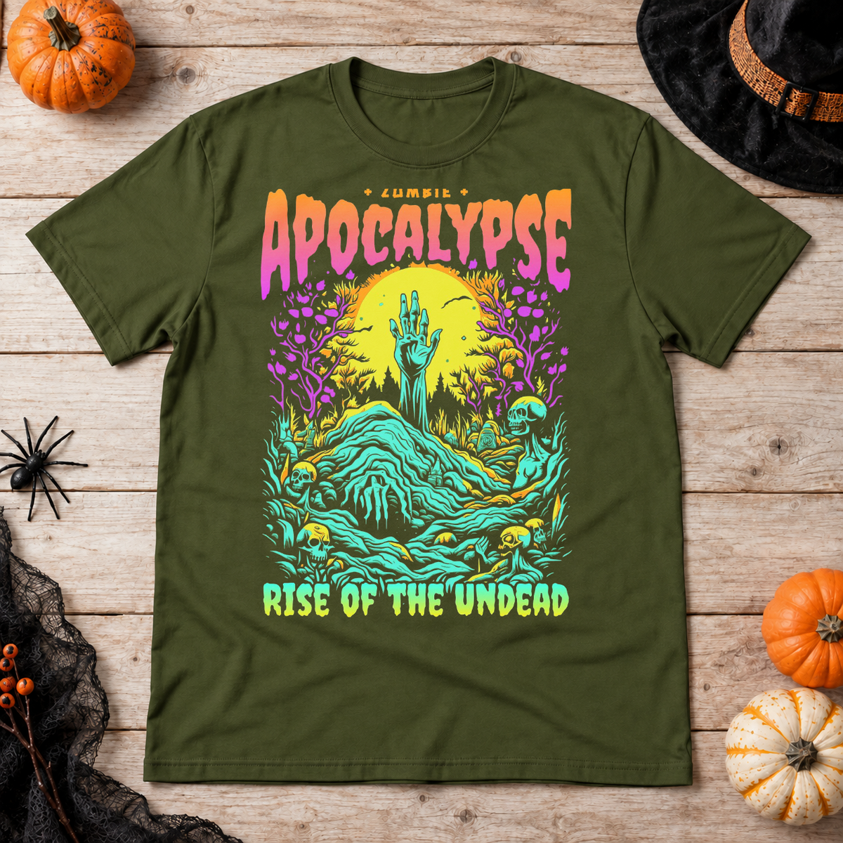Zombie Apocalypse T-Shirt – Classic Halloween Graphic Design Graphic Tee - Color: military green