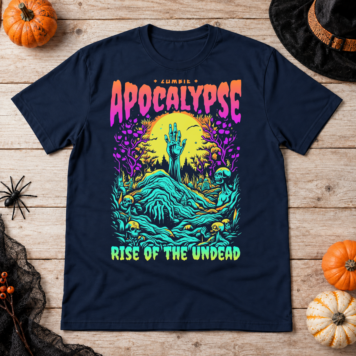 Zombie Apocalypse T-Shirt – Classic Halloween Graphic Design Graphic Tee - Color: navy