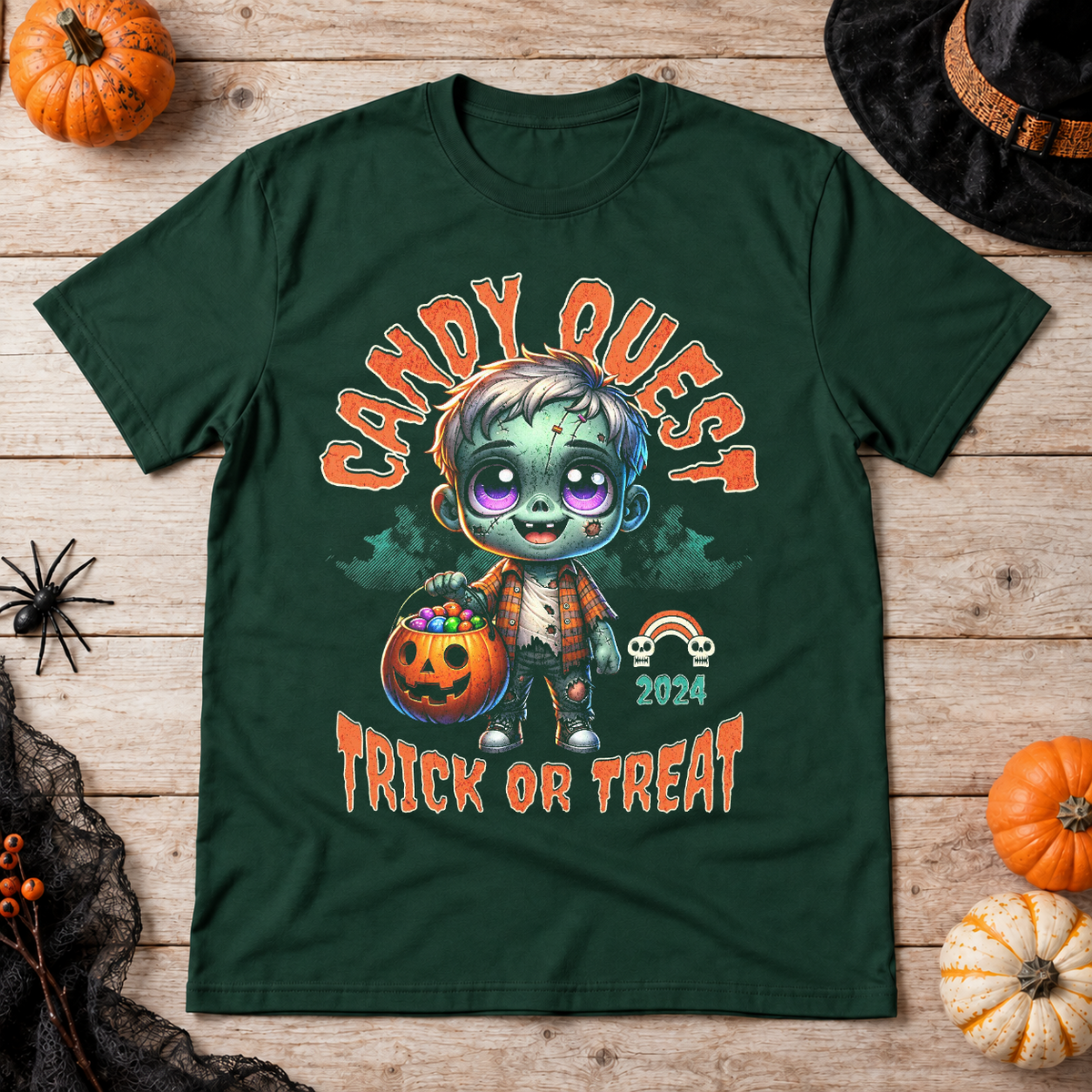 Zombie candy quest T-Shirt – Zombie & Monster Horror Graphic Graphic Tee - Color: forest green