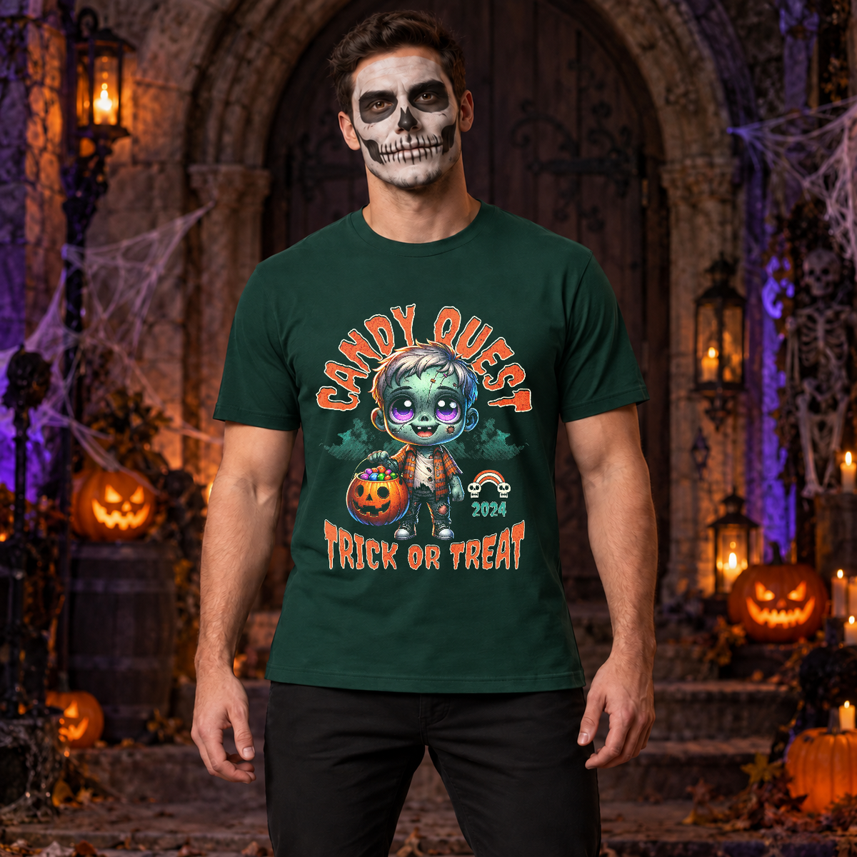 Zombie candy quest T-Shirt – Zombie & Monster Horror Graphic Graphic Tee - Color: forest green