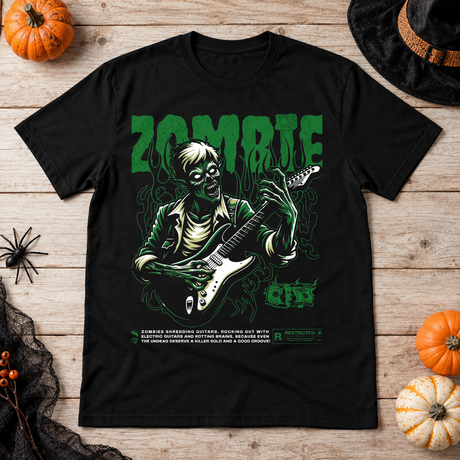 Zombie Electric Guitar Player Music And Brain Love T-Shirt – Zombie & Monster Horror Graphic Graphic Tee - Color: black