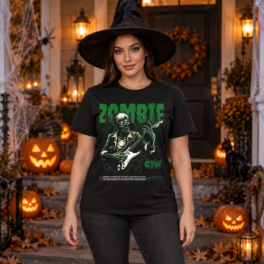 Zombie Electric Guitar Player Music And Brain Love T-Shirt – Zombie & Monster Horror Graphic Graphic Tee - Color: black