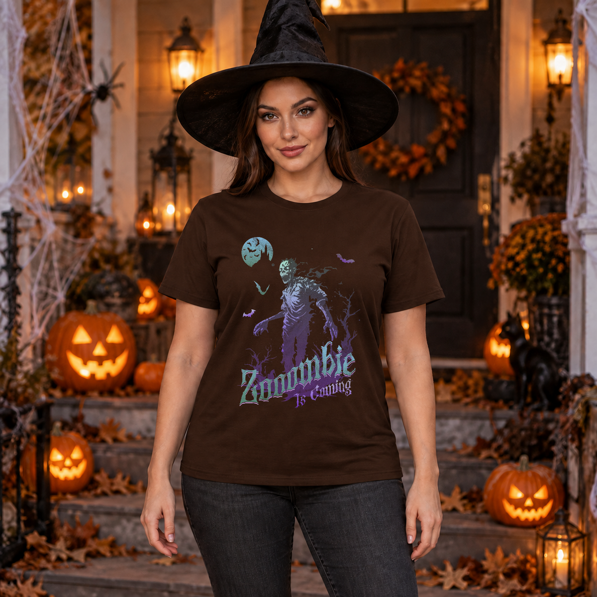 Zooombie is coming - Halloween theme T-Shirt – Halloween Streetwear Graphic Graphic Tee - Color: chocolate