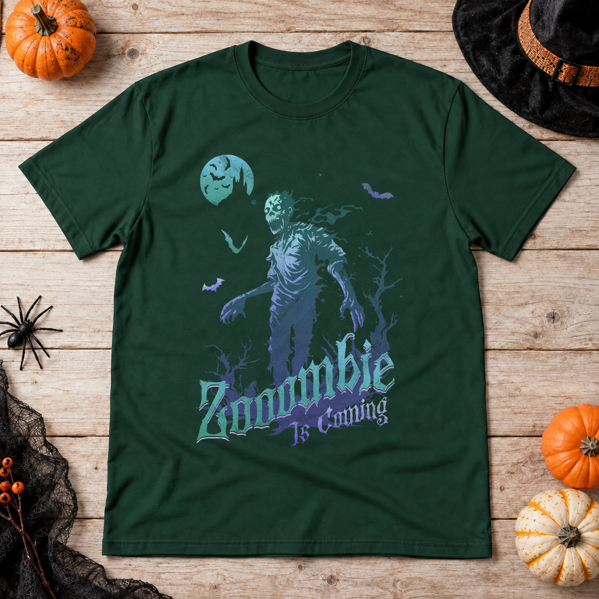 Zooombie is coming - Halloween theme T-Shirt – Halloween Streetwear Graphic Graphic Tee - Color: forest green