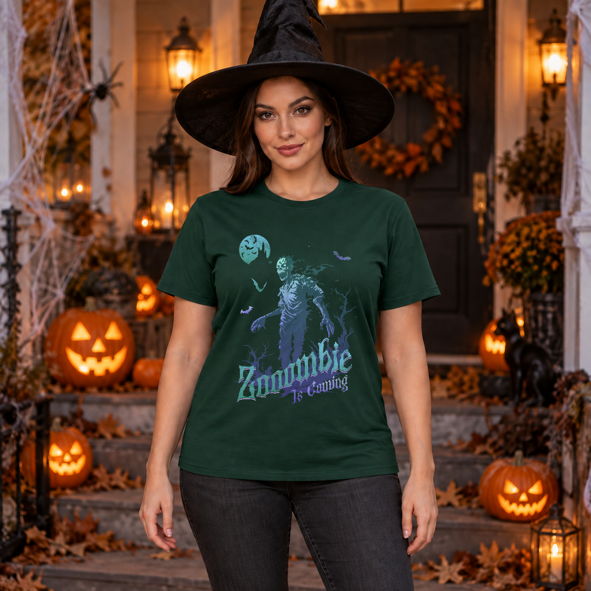 Zooombie is coming - Halloween theme T-Shirt – Halloween Streetwear Graphic Graphic Tee - Color: forest green
